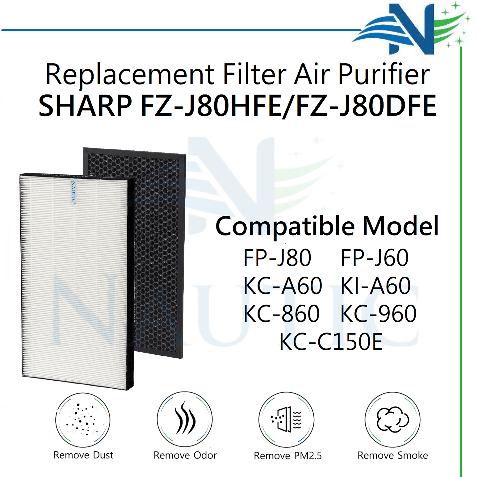 NAUTIC HEPA Filter Sharp Air Purifier FP-J60Y FP-J80Y KI-A60Y Replacement FZ-J80HFE FZ-J80DFE